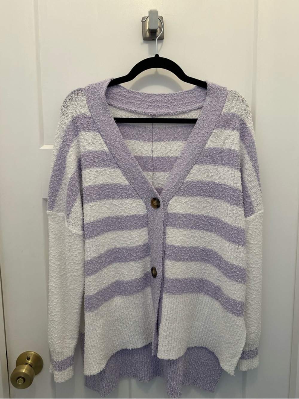 Cozy Lavender & White Striped Button Cardigan Sweater BRAND NEW so soft